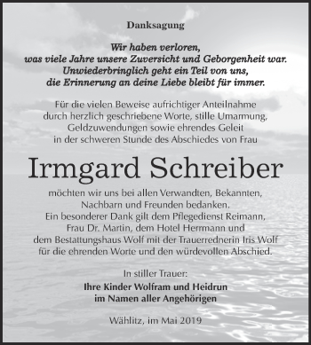 Traueranzeige von Irmgard Schreiber von WVG - Wochenspiegel NMB / WSF / ZTZ