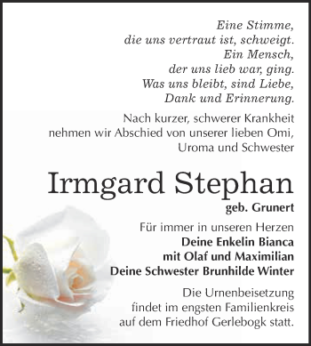 Traueranzeige von Irmgard Stephan von Super Sonntag Bernburg