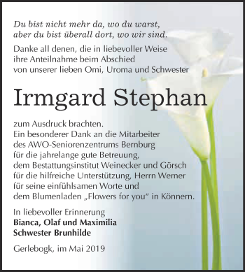 Traueranzeige von Irmgard Stephan von Super Sonntag Bernburg