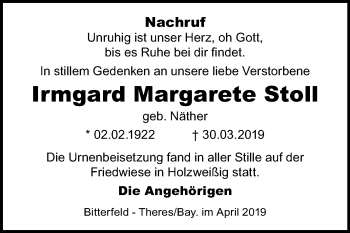Traueranzeige von Irmgard Margarete Stoll von Mitteldeutsche Zeitung Bitterfeld