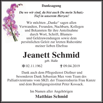 Traueranzeige von Jeanett Schmid von WVG - Wochenspiegel Dessau / Köthen