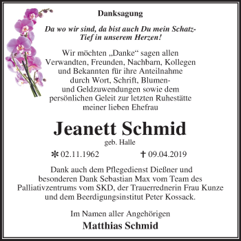 Traueranzeige von Jeanett Schmid von Mitteldeutsche Zeitung Dessau-Roßlau