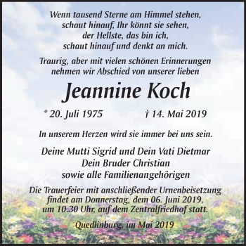 Traueranzeige von Jeannine Koch von WVG - Wochenspiegel Quedlinburg