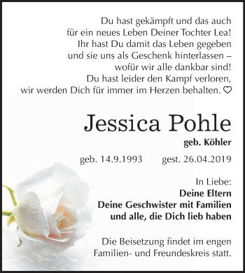 Traueranzeige von Jessica Pohle von WVG - Wochenspiegel Dessau / Köthen
