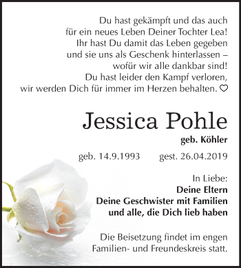 Traueranzeige von Jessica Pohle von Mitteldeutsche Zeitung Köthen