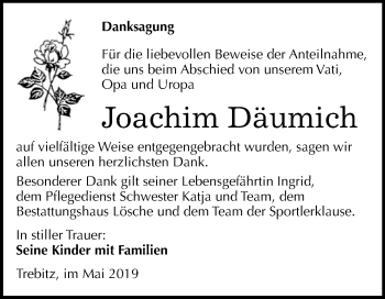 Traueranzeige von Joachim Däumich von WVG - Wochenspiegel Wittenberg