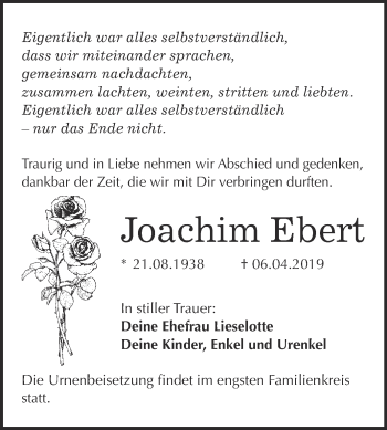 Traueranzeige von Joachim Ebert von WVG - Wochenspiegel Bitterfeld