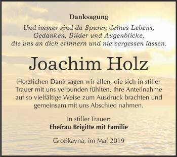 Traueranzeige von Joachim Holz von WVG - Wochenspiegel Merseburg