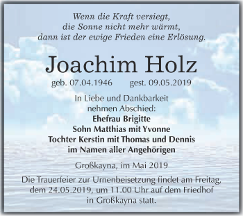 Traueranzeige von Joachim Holz von WVG - Wochenspiegel Merseburg