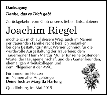 Traueranzeige von Joachim Riegel von Mitteldeutsche Zeitung Quedlinburg