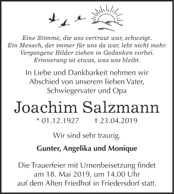 Traueranzeige von Joachim Salzmann von WVG - Wochenspiegel Bitterfeld