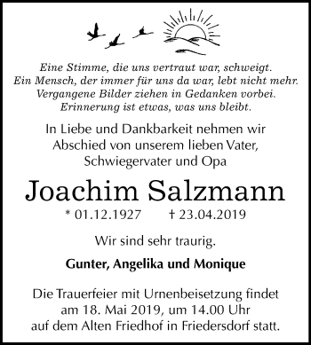 Traueranzeige von Joachim Salzmann von Mitteldeutsche Zeitung Bitterfeld