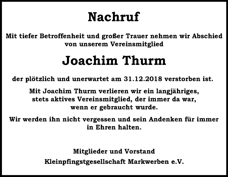  Traueranzeige für Joachim Thurm vom 09.02.2019 aus Mitteldeutsche Zeitung Weißenfels