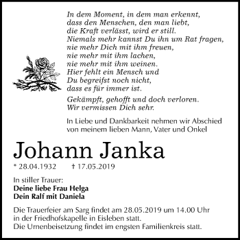 Traueranzeige von Johann Janka von Super Sonntag SGH Mansf. Land