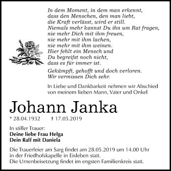 Traueranzeige von Johann Janka von Mitteldeutsche Zeitung Mansfelder Land