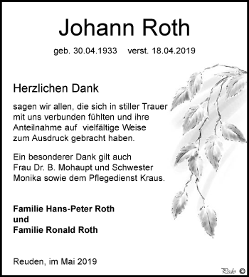 Traueranzeige von Johann Roth von WVG - Wochenspiegel NMB / WSF / ZTZ