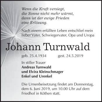 Traueranzeige von Johann Turnwald von WVG - Wochenspiegel Dessau / Köthen