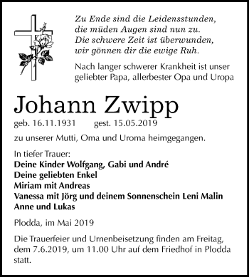 Traueranzeige von Johann Zwipp von WVG - Wochenspiegel Bitterfeld
