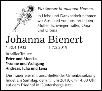 Traueranzeige von Johanna Bienert von WVG - Wochenspiegel Quedlinburg