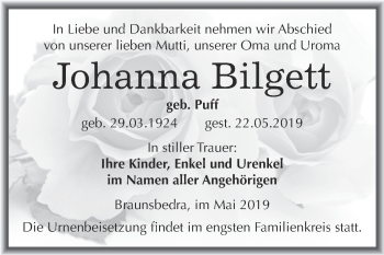 Traueranzeige von Johanna Bilgett von WVG - Wochenspiegel Merseburg
