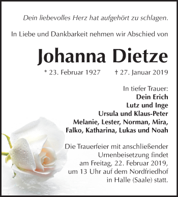 Traueranzeige von Johanna Dietze von Mitteldeutsche Zeitung Halle/Saalkreis