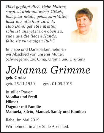 Traueranzeige von Johanna Grimme von Mitteldeutsche Zeitung Zeitz