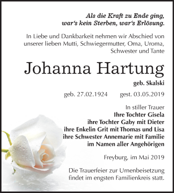 Traueranzeige von Johanna Hartung von Mitteldeutsche Zeitung