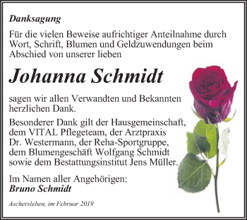 Traueranzeige von Johanna Schmidt von Mitteldeutsche Zeitung Aschersleben