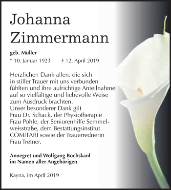 Traueranzeige von Johanna Zimmermann von WVG - Wochenspiegel NMB / WSF / ZTZ