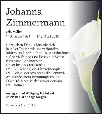 Traueranzeige von Johanna Zimmermann von Mitteldeutsche Zeitung
