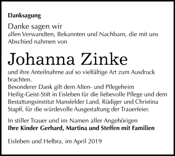 Traueranzeige von Johanna Zinke von Wochenspiegel Mansfelder Land