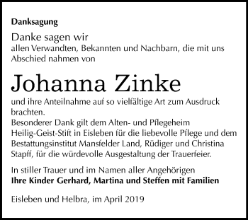 Traueranzeige von Johanna Zinke von Mitteldeutsche Zeitung Mansfelder Land