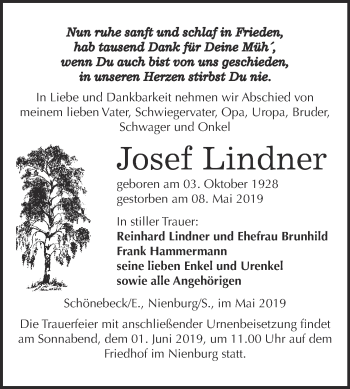Traueranzeige von Josef Lindner von Super Sonntag Bernburg