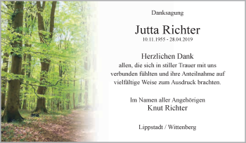 Traueranzeige von Jutta Richter von Super Sonntag Wittenberg