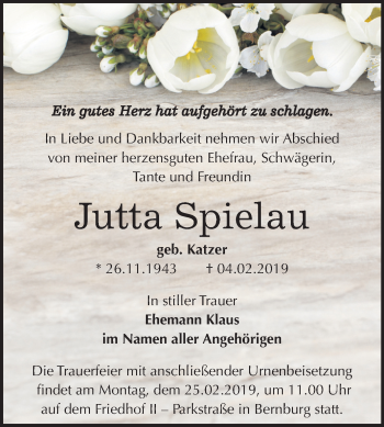 Traueranzeige von Jutta Spielau von Mitteldeutsche Zeitung Bernburg