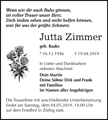 Traueranzeige von Jutta Zimmer von WVG - Wochenspiegel Bitterfeld