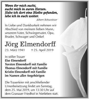 Traueranzeige von Jörg Elmendorff von Mitteldeutsche Zeitung Halle/Saalkreis