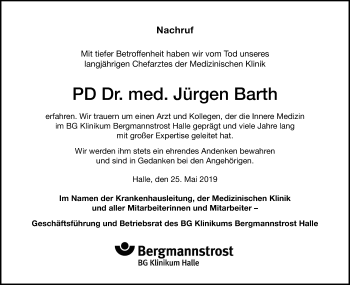 Traueranzeige von Jürgen Barth von Mitteldeutsche Zeitung
