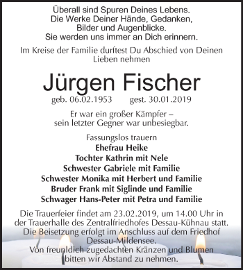 Traueranzeige von Jürgen Fischer von Mitteldeutsche Zeitung Dessau-Roßlau