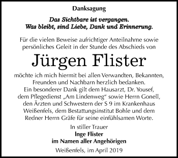 Traueranzeige von Jürgen Flister von WVG - Wochenspiegel NMB / WSF / ZTZ