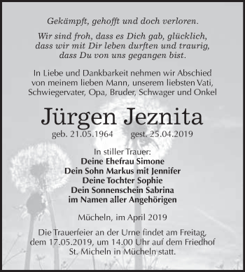 Traueranzeige von Jürgen Jeznita von WVG - Wochenspiegel Merseburg