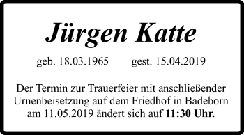 Traueranzeige von Jürgen Katte von Mitteldeutsche Zeitung Quedlinburg