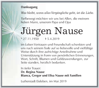 Traueranzeige von Jürgen Nause von Super Sonntag SGH Mansf. Land