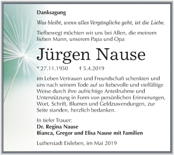 Traueranzeige von Jürgen Nause von Mitteldeutsche Zeitung