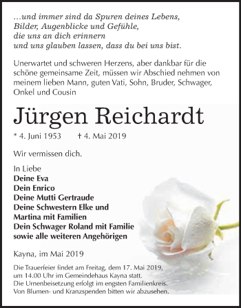 Traueranzeige von Jürgen Reichardt von WVG - Wochenspiegel NMB / WSF / ZTZ
