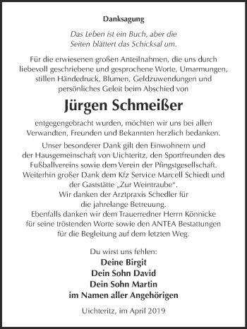 Traueranzeige von Jürgen Schmeißer von WVG - Wochenspiegel NMB / WSF / ZTZ