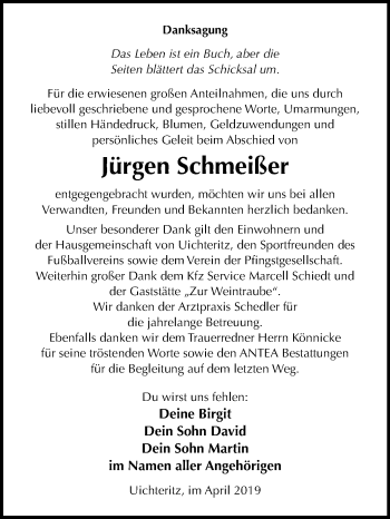 Traueranzeige von Jürgen Schmeißer von Mitteldeutsche Zeitung Weißenfels