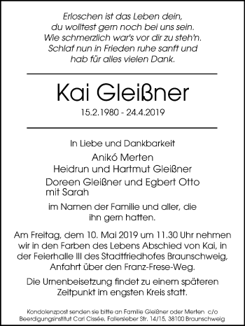 Traueranzeige von Kai Gleißner von Mitteldeutsche Zeitung