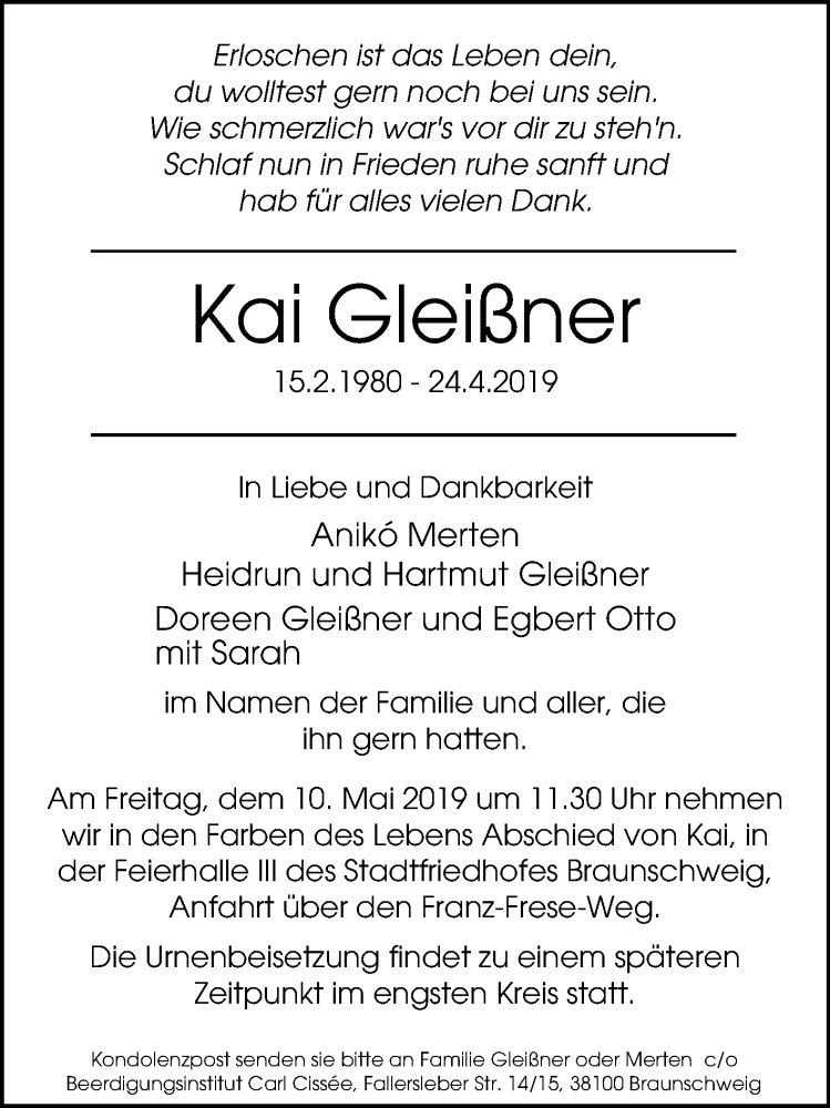  Traueranzeige für Kai Gleißner vom 04.05.2019 aus Mitteldeutsche Zeitung