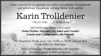 Traueranzeige von Kann Trolldenier von Mitteldeutsche Zeitung Halle/Saalkreis